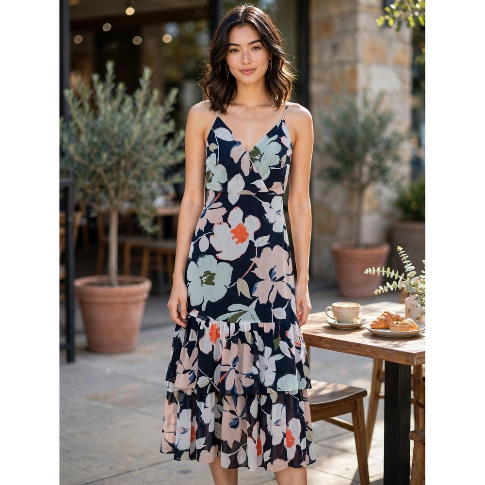 Banana Republic Petite Floral Tiered Midi Dress Navy Blue 00P 471069-00